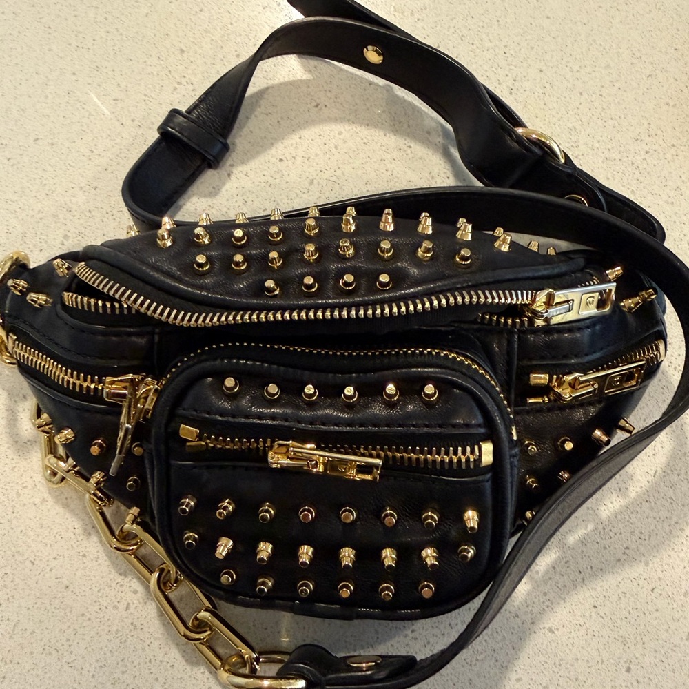 Alexander Wang Black Studded Leather Crossbody Belt Bag with Gold Hardware